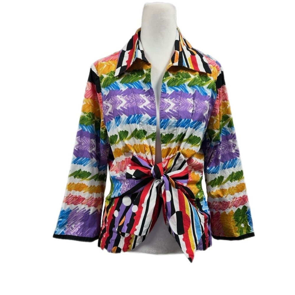 Vintage Mishca Artsy Colorful Abstract Tie Front Collared Blouse Sz L
